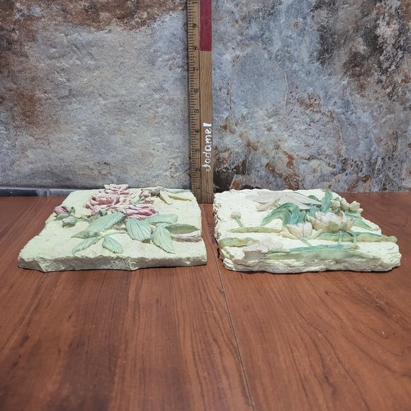 Botanical Clay Flower Dragonfly Art Wall Sculpture Plaster Cream Tile - Picture 11 of 14